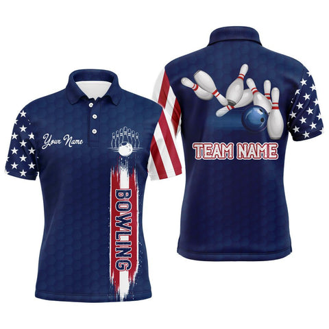 MaxCorners American Flag Navy  Customized Name 3D Bowling Polo Shirt For Men