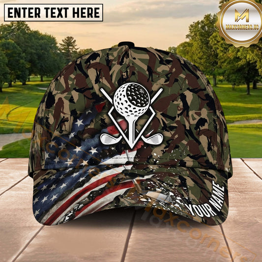 Maxcorners Golf American Flag Camo Ball and Crossed Clubs Personalized Name 3D Classic Cap