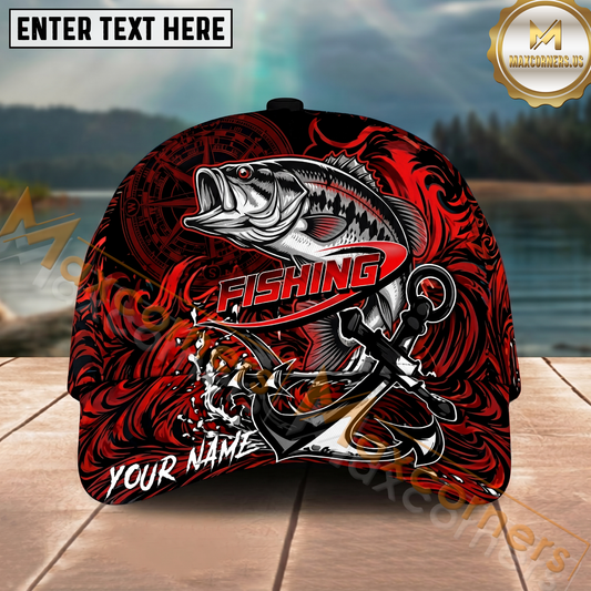 Maxcorners Fishing Red Black Anchor Compass Personalized Name 3D Cap (12 Fish Species)