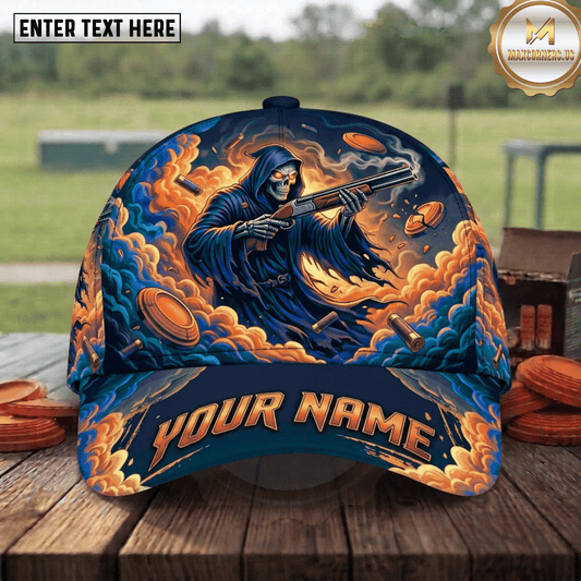 Maxcorners Clay Pigeon Trap Shooting Grim Reaper Skull Shotgun Fire Smoke Custom Name Classic Cap