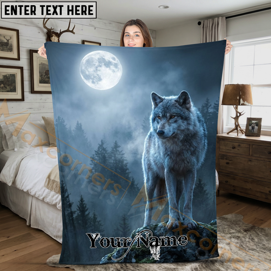 Maxcorners Mystical Grey Wolf Standing on Rock under Full Moon Personalized 3D Blanket