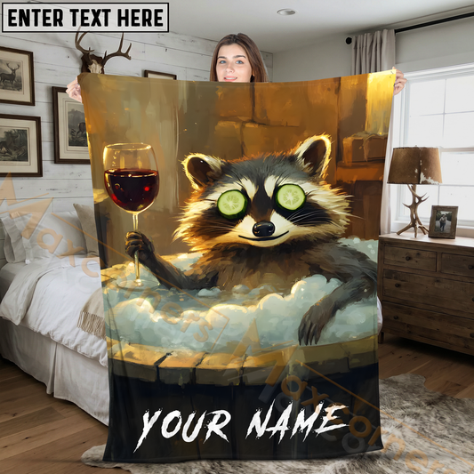 Maxcorners Humorous Raccoon Spa Hot Tub with Wine and Cucumbers Personalized 3D Blanket