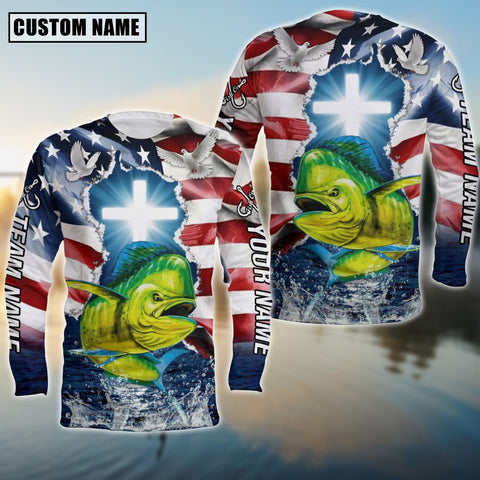 Maxcorners Mahi-Mahi Fishing Cross Jesus With Flag of the United States Pattern Sport Custom Name & Team Name 3D Shirts