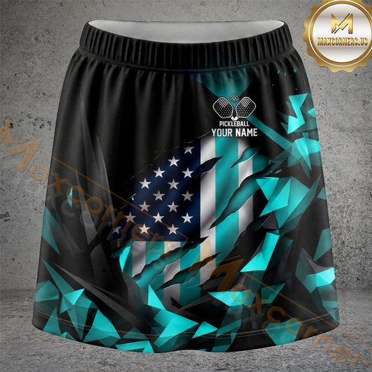 Maxcorners Pickleball Black Teal Geometric American Flag Personalized 3D Skort, Skirts With Shorts