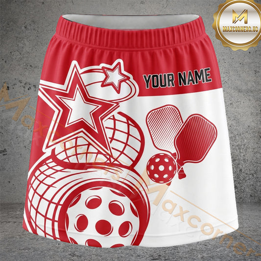 Maxcorners Pickleball Red Star Paddle Ball Line Art Personalized 3D Skort, Skirts With Shorts