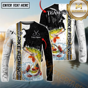 Maxcorners Pike Fishing Split Grunge Splash Design Personalized Name, Team Name Long Sleeve Shirt