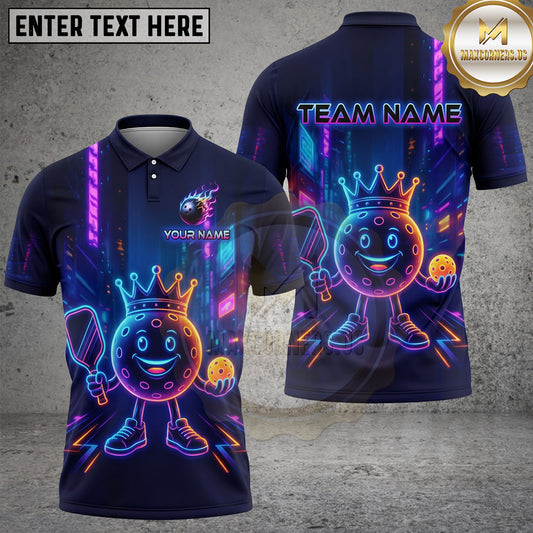 Maxcorners Pickleball Polo Neon King Ball Cityscape Multiple Options Personalized Name, Team Name 3D Shirt
