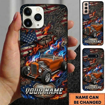 Maxcorners Hot Rod T Bucket Orange Roadster American Flag Route 66 Mother Road Flames Personalized Phone Case