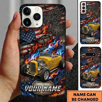Maxcorners Hot Rod T Bucket Yellow Roadster American Flag Route 66 Compass Flames Personalized Phone Case