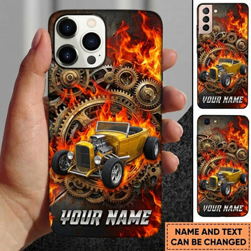 Maxcorners Hot Rod T Bucket Yellow Roadster Gears Steampunk Flames Personalized Phone Case