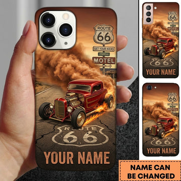 Maxcorners Hot Rod T Bucket Red Coupe Route 66 Desert Dust Motel Sign Personalized Phone Case