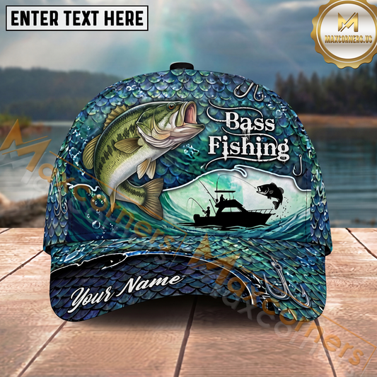 Maxcorners Fishing Teal Scale Ocean Boat Personalized Name 3D Cap (12 Fish Species)