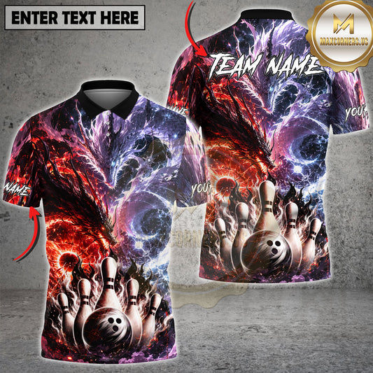Maxcorners Fire Ice Dragon Bowling Strike Fantasy Multicolor Options Personalized Name, Team Name 3D Shirt (4 Colors)