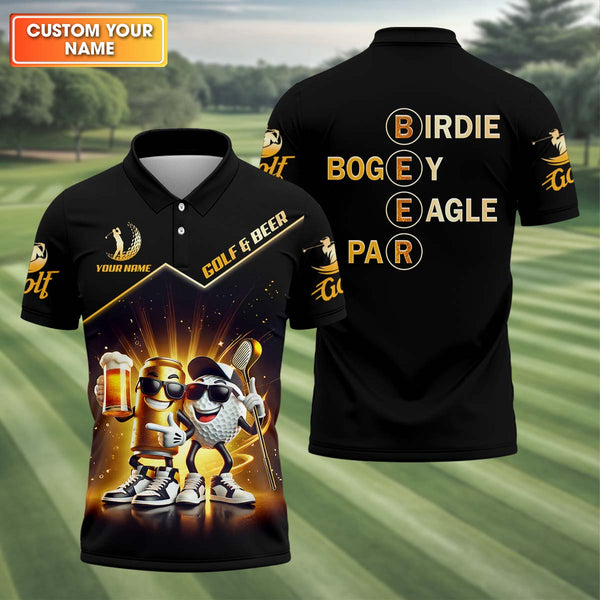 Maxcorners Golf And Beer Custom Men's Golf Polo Shirt, Funny Golf Apparel, Fun Golf Shirts For Men