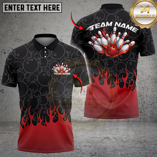 Maxcorners Bowling Shirt Flaming Ball Strike Explosion Pins Graphic Multicolor Options Personalized Name, Team Name 3D Shirt (4 Colors)
