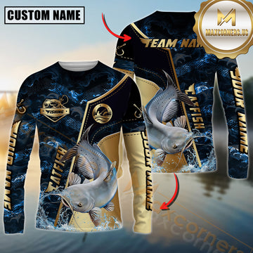 Maxcorners Catfish Fishing Ocean Wave Gold Luxury Pattern Personalized Name, Team Name Long Sleeve Shirt