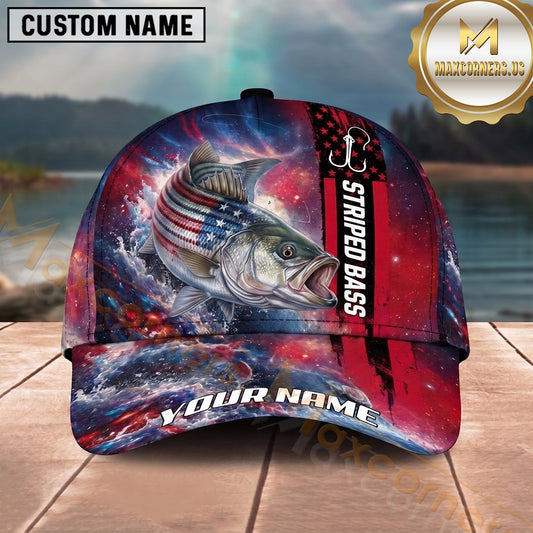 Maxcorners Fishing Patriotic American Flag Stars Stripes Fishing Design with Dynamic Splash Personalized Name 3D Cap (13 Fish Species)