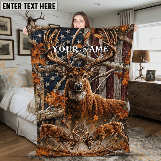 Maxcorners Deer Hunting American Flag Woodland Camo Personalized 3D Blanket