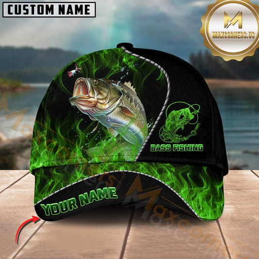 Maxcorners Fishing Angler Green Flame Custom Name Personalized Cap  (12 Fish Species)