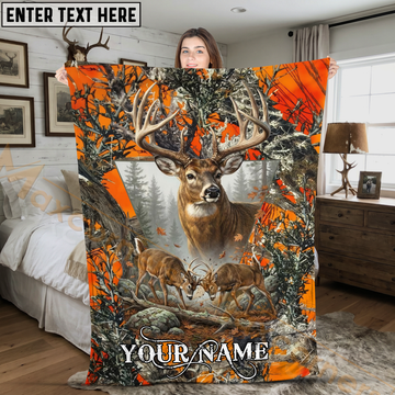 Maxcorners Blaze Orange Camo Trophy Buck Hunting Personalized 3D Blanket