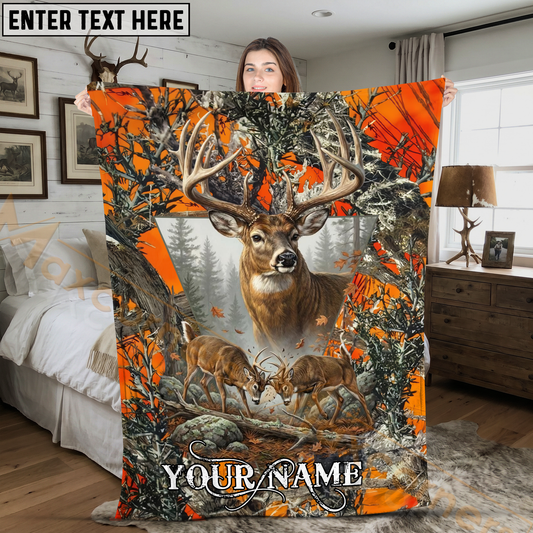 Maxcorners Blaze Orange Camo Trophy Buck Hunting Personalized 3D Blanket