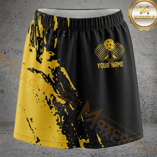 Maxcorners Pickleball Black Yellow Paint Grunge Paddle Personalized 3D Skort, Skirts With Shorts