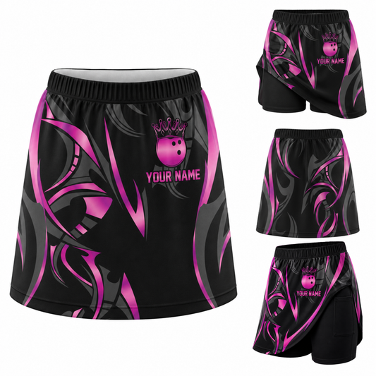 Maxcorners Bowling Pink Black Tribal Personalized 3D Skort, Skirts With Shorts