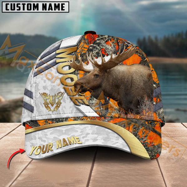 Maxcorners Hunting Cap White Orange Camo With Golden Line Personalized Name 3D Cap (Deer/Moose/Elk/Boar)