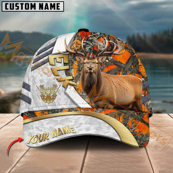 Maxcorners Hunting Cap White Orange Camo With Golden Line Personalized Name 3D Cap (Deer/Moose/Elk/Boar)