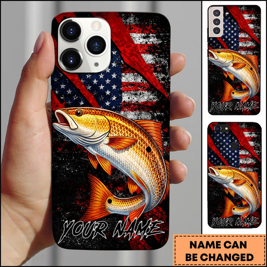 Maxcorners Fishing Redfish American Flag Patriotic Grunge Personalized Name Phone Case