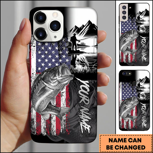 Maxcorners Bass Fishing Patriotic USA Flag Mountain Angler Silhouette Personalized Name Phone Case