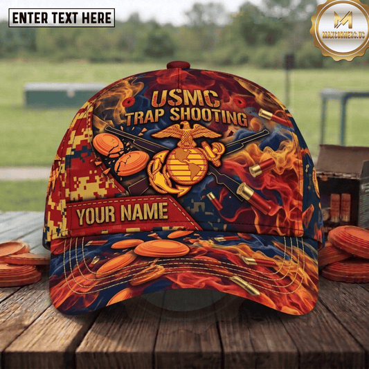 Maxcorners USMC Trap Shooting United States Marine Corps Fire Flame Clay Target Shotgun Custom Name Classic Cap