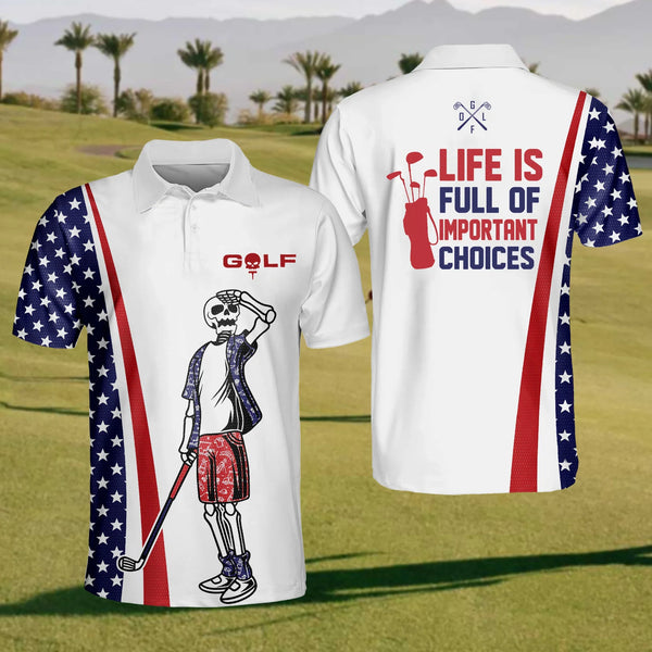 Maxcorners American Flag And Skull Golfer Men's Golf Polo Shirt, Funny Golf Shirt, Gift For Golfers