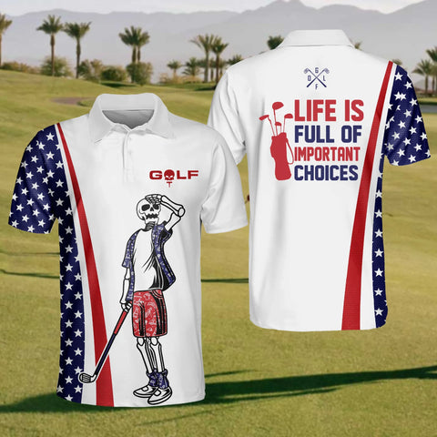 Maxcorners American Flag And Skull Golfer Men's Golf Polo Shirt, Funny Golf Shirt, Gift For Golfers