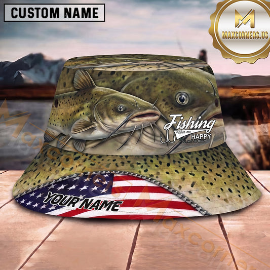 Maxcorners Fishing American Flag Fish Scale Camouflage Personalized 3D Bucket Hat (13 Fish Species)
