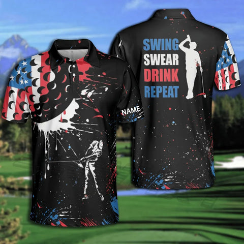 MaxCorners Man Swing Swear Drink Repeat  Golf Polo Shirts Customized Name Polo For Men
