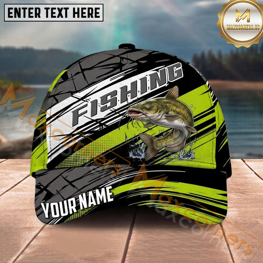 Maxcorners Fishing Neon Green Racing Personalized Name 3D Cap (12 Fish Species)