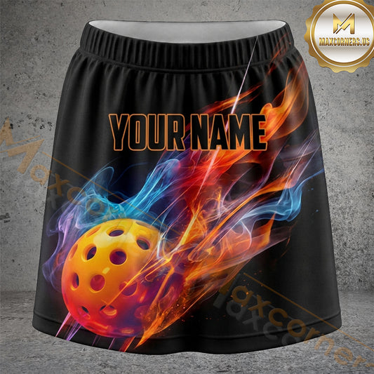 Maxcorners Pickleball Black Orange Meteor Ball Personalized 3D Skort, Skirts With Shorts