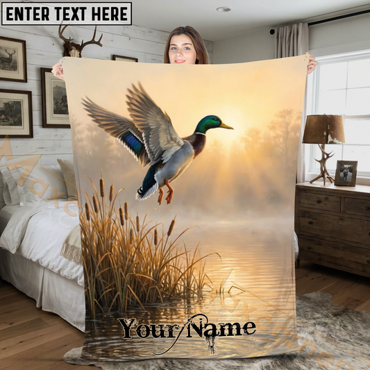 Maxcorners Majestic Mallard Duck Flying over Misty Marsh Sunset Personalized 3D Blanket
