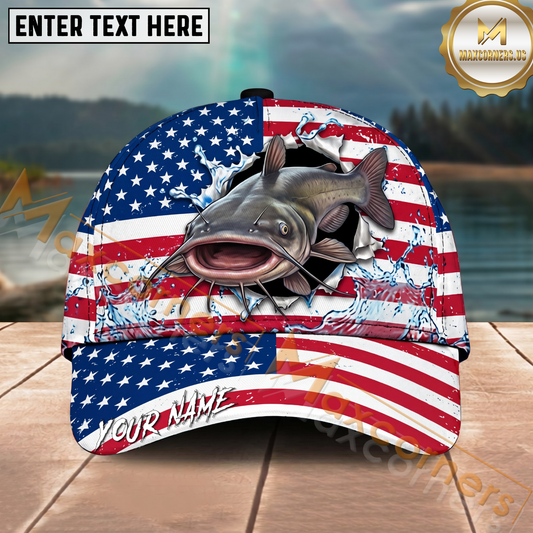 Maxcorners Fishing Patriotic Flag Water Splash Personalized Name 3D Cap (12 Fish Species)