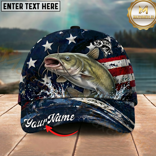 Maxcorners Fishing Patriotic USA Flag Water Splash Personalized 3D Cap (12 Fish Species)