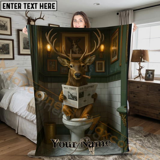 Maxcorners Humorous Whitetail Buck Reading Newspaper on Toilet Toilet Personalized 3D Blanket