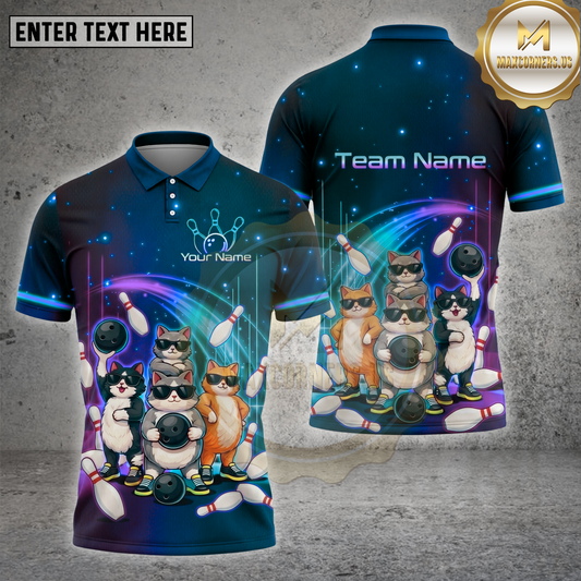 Maxcorners Cat Bowling Shirt Funny Bowling Cats Multiple Options Personalized Name, Team Name 3D Shirt