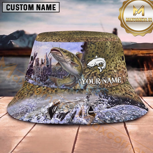 Maxcorners Fishing Water Splash Fish Scale Collage Personalized 3D Bucket Hat (13 Fish Species)