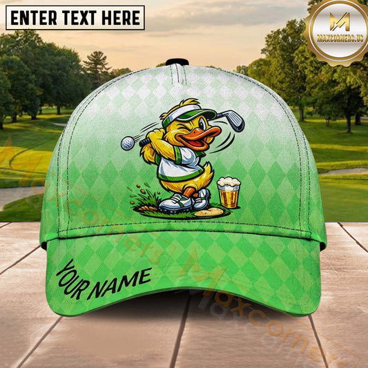 Maxcorners Golf Funny Duck Golfer Beer Lover Diamond Pattern Personalized Name 3D Classic Cap