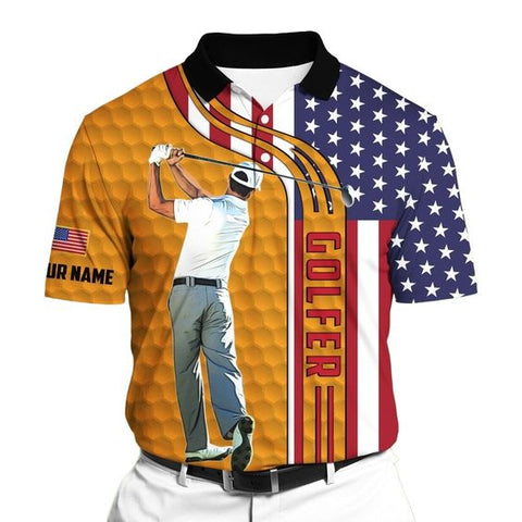 Maxcorner Customized Name Premium US Flag Golf Player 3D Polo Shirt