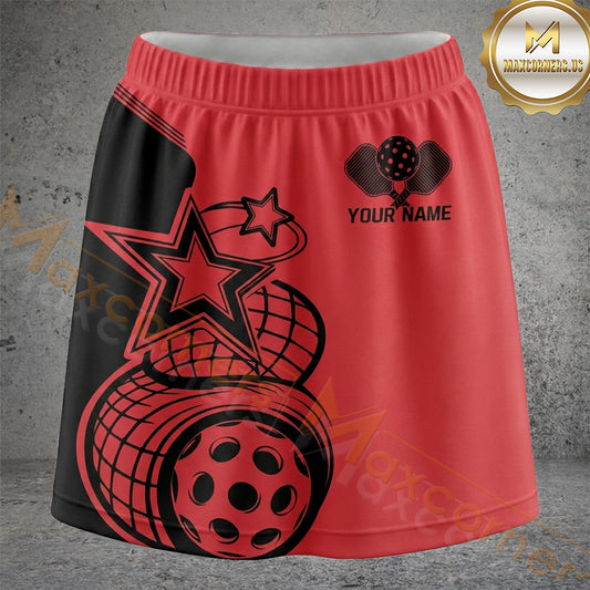Maxcorners Pickleball Coral Red Star Paddle Ball Personalized 3D Skort, Skirts With Shorts