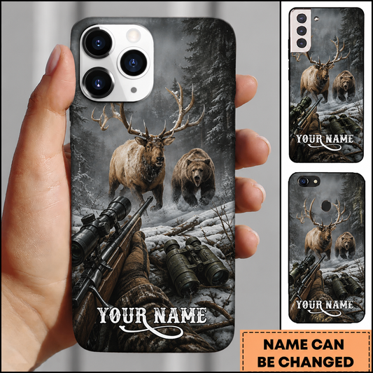 Maxcorners Hunting Elk Bear Winter Forest Chase Customized Name Phone Case