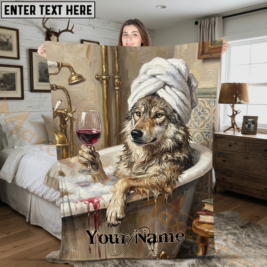 Maxcorners Funny Wolf in Bathtub Drinking Wine Personalized 3D Blanket