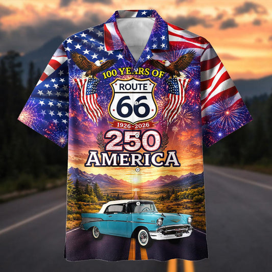 Maxcorners 100 Years of Route 66 & America 250th Anniversary Vintage Car Patriotic Hawaiian Shirt